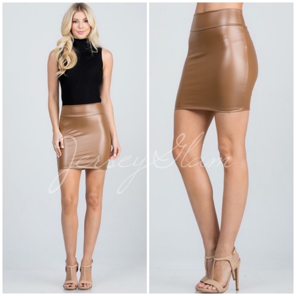 Caramel Faux Vegan Leather High Waist Mini Skirt - Picture 1 of 6